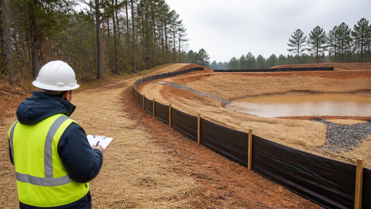 Silt fence and sediment basin at an erosion control inspection site