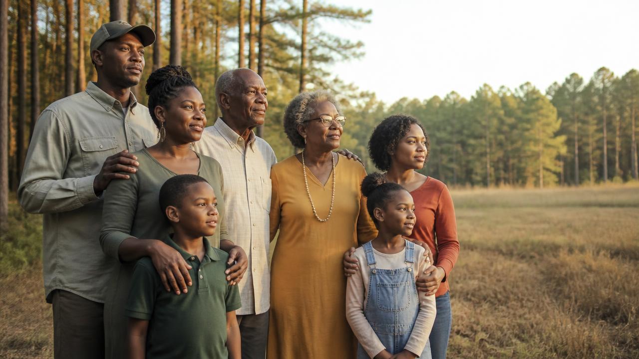 Multigenerational family standing together on their rural heirs' property land