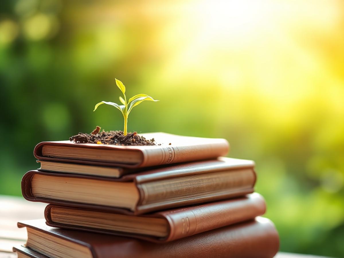A seedling growing from a stack of books