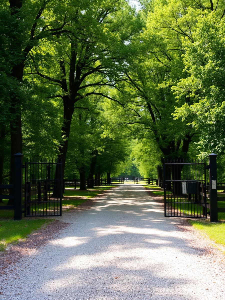 Gated gravel driveway leading onto wooded acreage